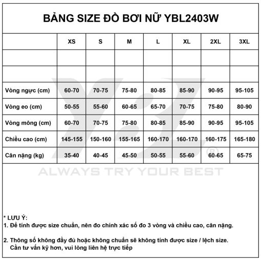 Bảng size đồ bơi nữ YBL2403W