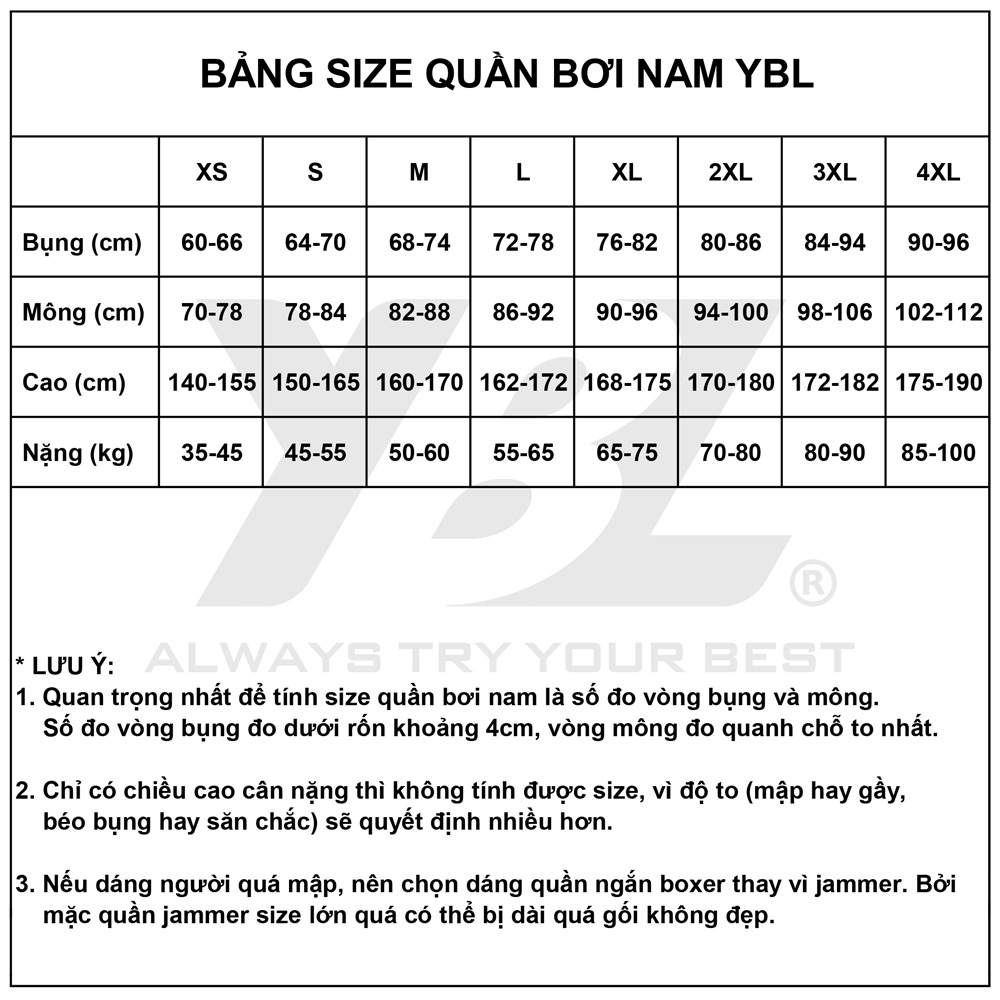 Bảng size quần bơi nam YBL